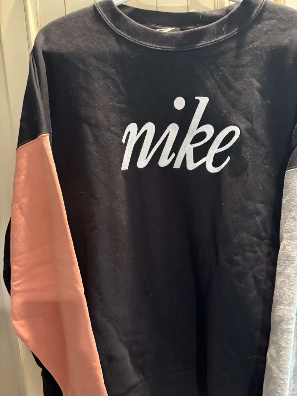 Nike Black Crewneck Sweatshirt with Pink and Gray Colorblock Sleeves